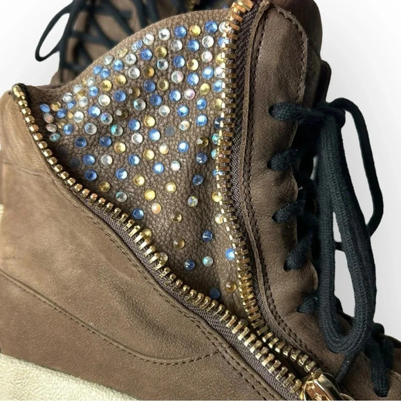 Giuseppe Zanotti  Brown Leather Donna Hi-Top Swarovski Crystal Sneakers 37 - Picture 8 of 13